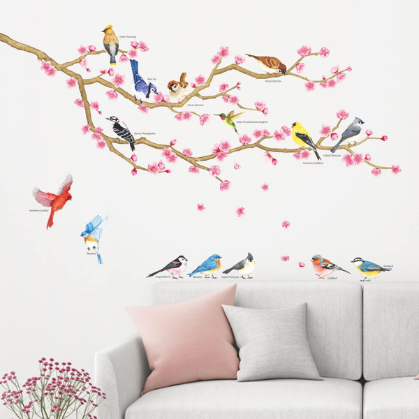 DECOWALL DWL-2009 Garden Birds and Cherry Blossom Wall Stickers Wall Decals Peel and Stick Removable Wall Stickers for K