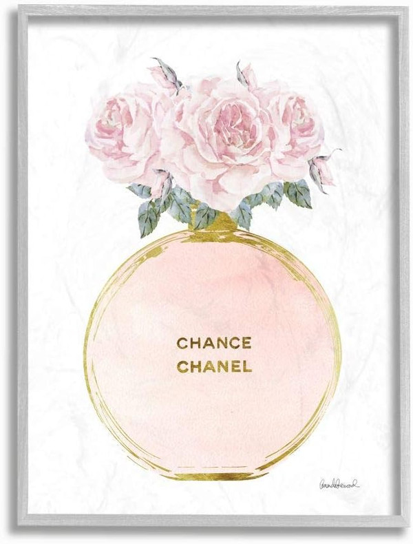 Stupell Industries Pink and Gold Round Perfume Bottle with Roses Grey Framed Wall Art, 11 x 14, Design by Artist Amanda