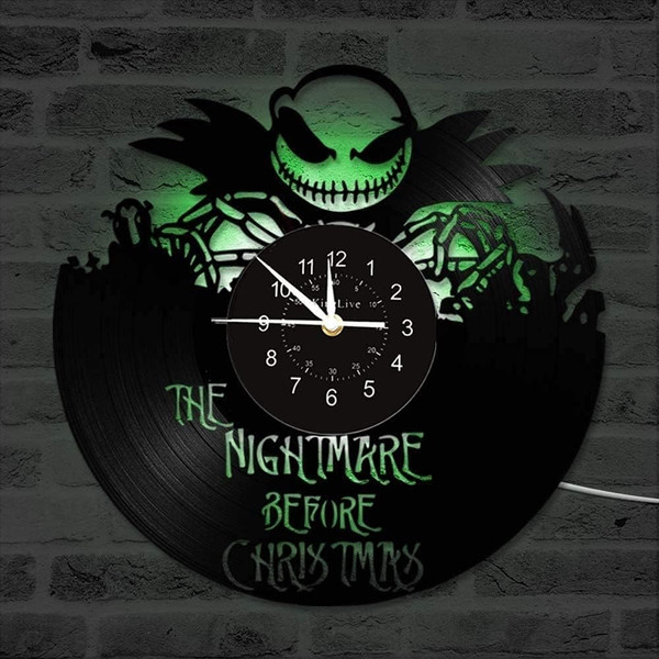LED Vinyl Record Wall Clock with The Nightmare Before Christmas Cartoon Themed LED Night Light Kids Room Gift Idea Chara