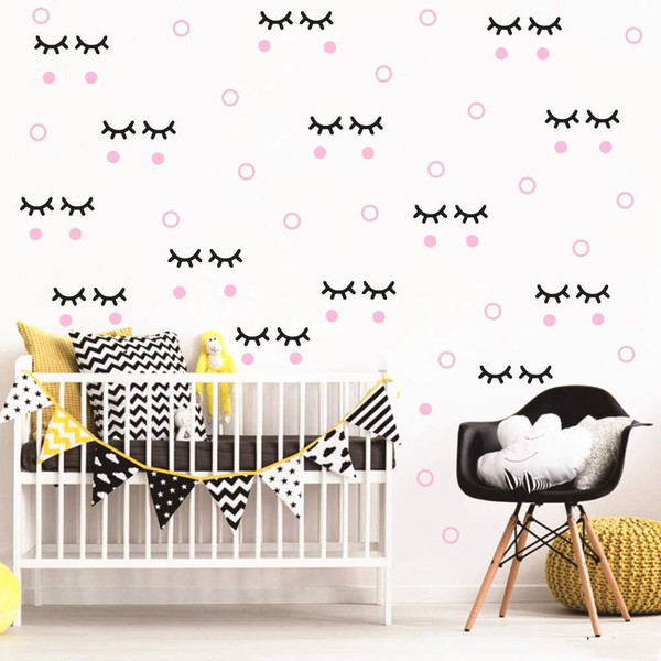 72 Pcs Cute Eyelashes with 112 pcs Little Polka Dots Wall Decor Sticker Solid and Hollow circle Stickers Nursery Baby Ro