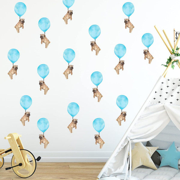 Vieli Arte LIGHT BLUE PUG Balloon Animals Watercolor Wall Decals. Hand Painted Small Transparent Dog Decal, 16 pcs. Adhe