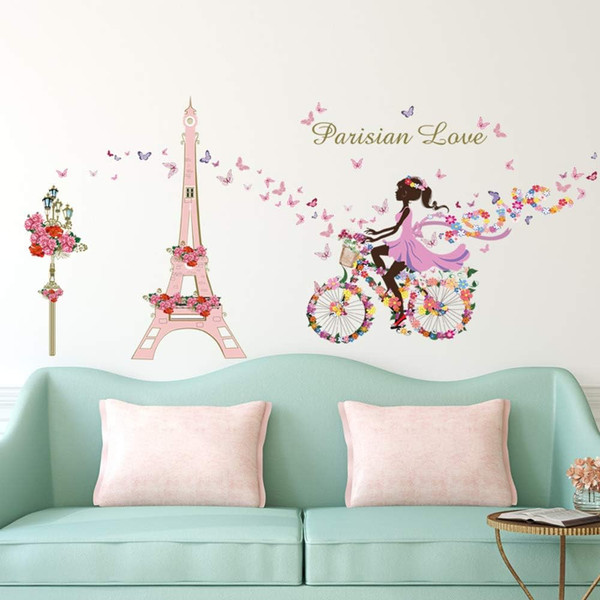 Wall Stickers Girl Bicycle Eiffel Tower Flowers for Children's Bedroom Living Room Wall Decoration