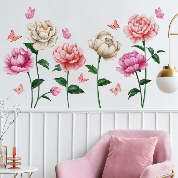 3D Pink Flowers Wall Decal 6 Peonys Wall Sticker Art Mural Plants Wall Decals for Girls Teens Nursery Babys Bedroom Livi