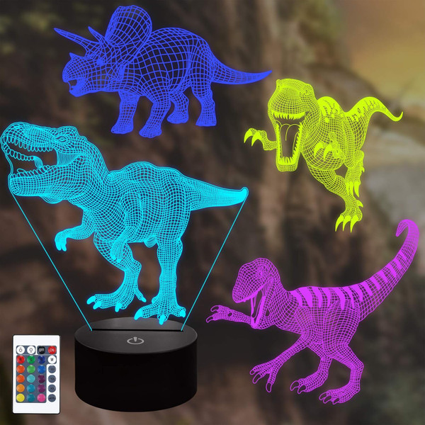 Lampeez Dinosaur Lamp Kits, 3D Night Light Illusion Lamp 4 Patterns with Remote 16 Color Change Decor Lamp, Dinosaur Gif