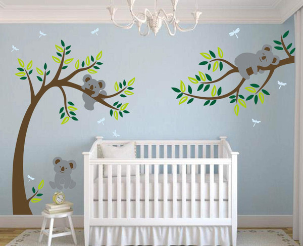 Three Koalas Tree Branches Wall Stickers Tree Cartoon Animals Koala Wall Decals/Children's Room Nursery Removable Vinyl