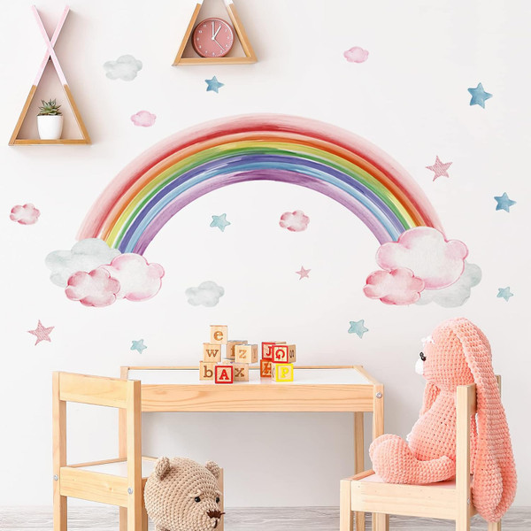 Large Rainbow Wall Decals Watercolor Rainbow Clouds Wall Stickers Boho Rainbow Starry Sky Stars Decor Vinyl DIY Removabl