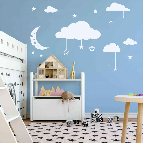 Clouds Moon and Stars Vinyl Wall Stickers Home Decor for Kids Room Baby Nursery Decals Mural AD05 (white)