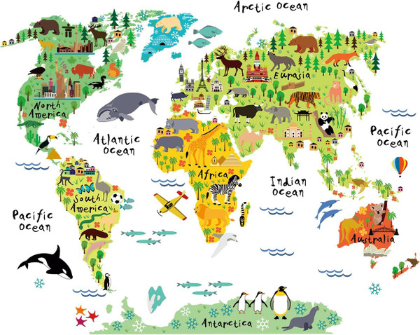 HomeEvolution Large Kids Educational Animal Landmarks World Map Peel & Stick Wall Decals Stickers Home Decor Art for Nur