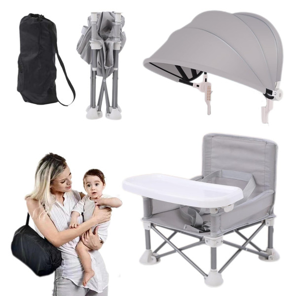 Portable Baby Chair with Feeding Tray and Foldable Canopy - Compact Tr