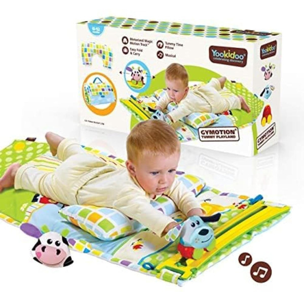 Yookidoo Baby Tummy Time Mat Newborn Musical Playmat & Outdoor Gym. Pillow, Teething Toys and Portable Fold-Up Case. 0-1