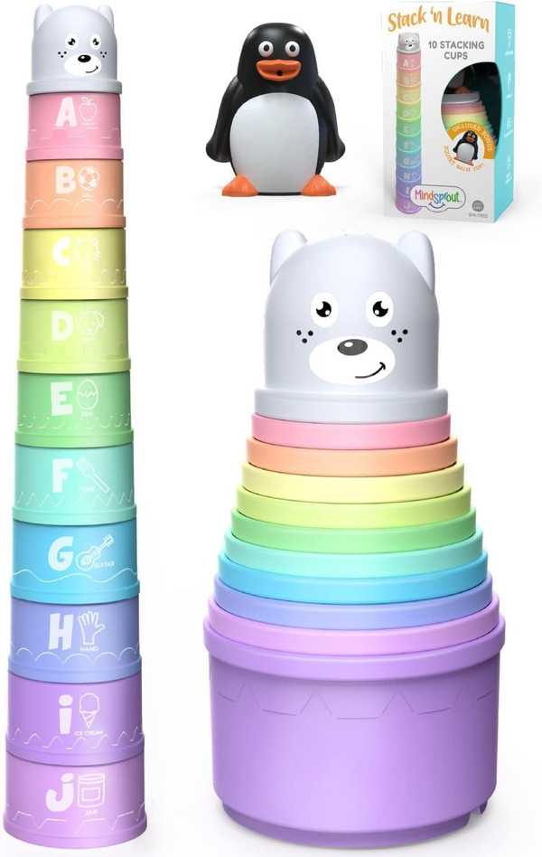 Stacking Cups Toy for Toddler Plus Bonus Squirting Baby Bath Toy & Bea