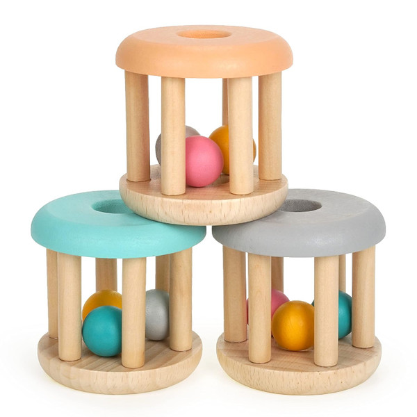 DUCKBOXX XX Montessori Infant Toys, Natural Wood Rolling Rattle Toy fo