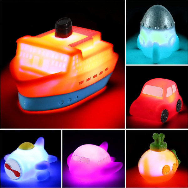 6 packs No Hole Boat Bath Toy Set, Light up Changing Color in Water, F