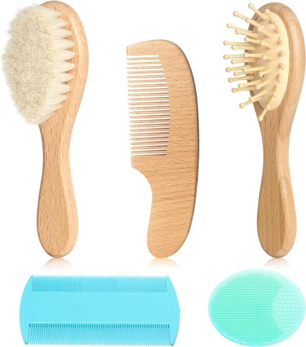 Goat Baby Hair Brush Set, Wooden Comb Massage Scalp Comb, Safe Natural