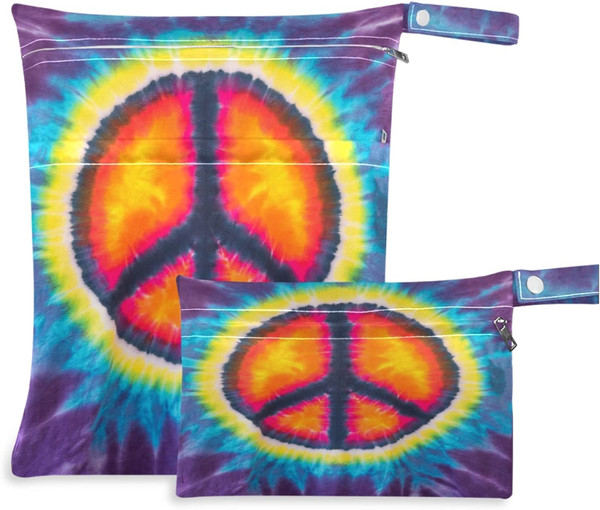 visesunny Abstract Peace Sign Design Tie Dye 2Pcs Wet Bag with Zippere