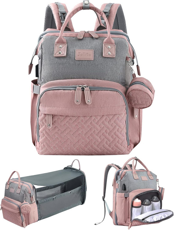 JOLLITO Baby Diaper Bag Backpack with Changing Station, Large Capacity
