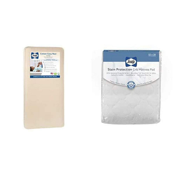 Sealy Baby Cotton Cozy Rest 2-Stage Dual Firmness Waterproof Standard Toddler & Baby Crib Mattress and Stain Protection
