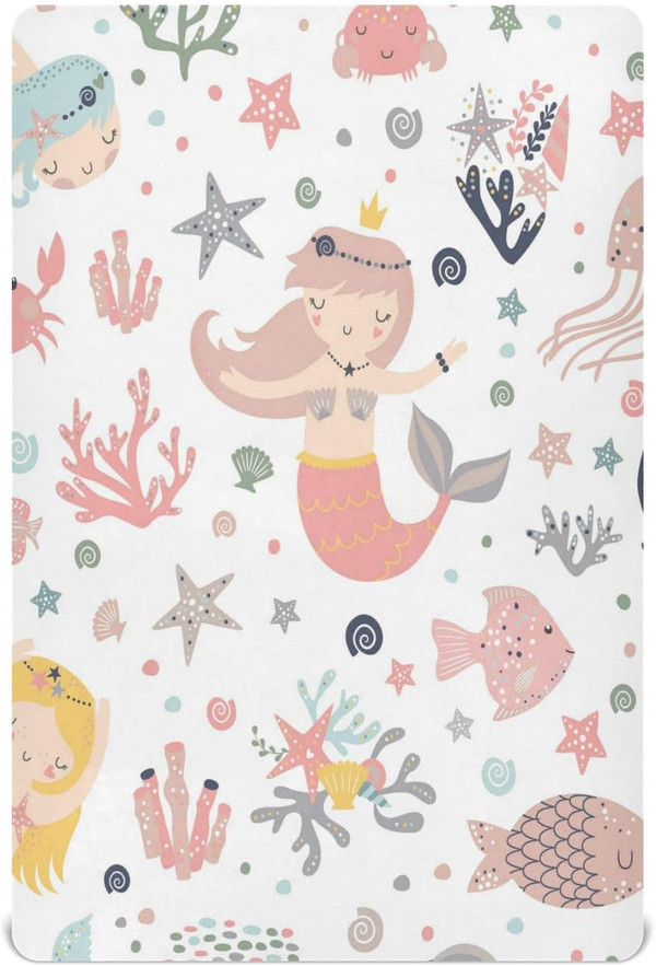 Cute Mermaid Girl with Sea Plants Crib Sheets - Stretchy Fitted Crib Sheets for Boys Girls, Unisex Cozy Baby Crib Sheet