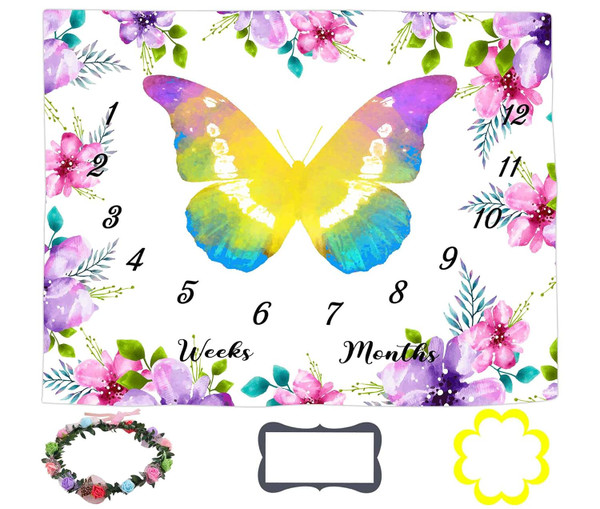 Baby Monthly Milestone Blanket, Month Blanket for Newborn Baby Shower, Butterfly Design Photography Background for Baby