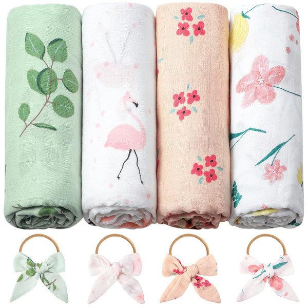 Tatuo 8 Pcs Baby Receiving Blanket Cotton 47 x 47 Inches Muslin Swaddle Blankets 4 Headband 4 Baby Swaddle for Newborns