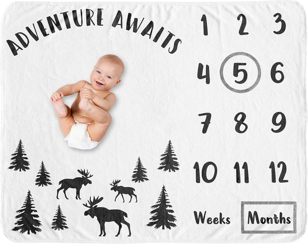 Sweet Jojo Designs Woodland Moose Boy Milestone Blanket Monthly Newborn First Year Growth Mat Baby Shower Memory Keepsak