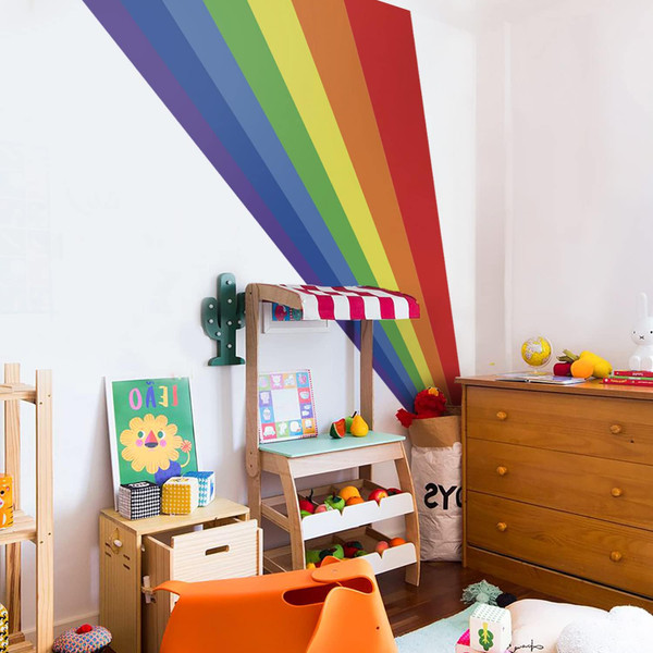 Colorful Vigor Rainbow Wall Border Stickers Peel and Stick, Retro Rainbow Ray Stickers Wall Art Decor, Vinyl Wall Waist