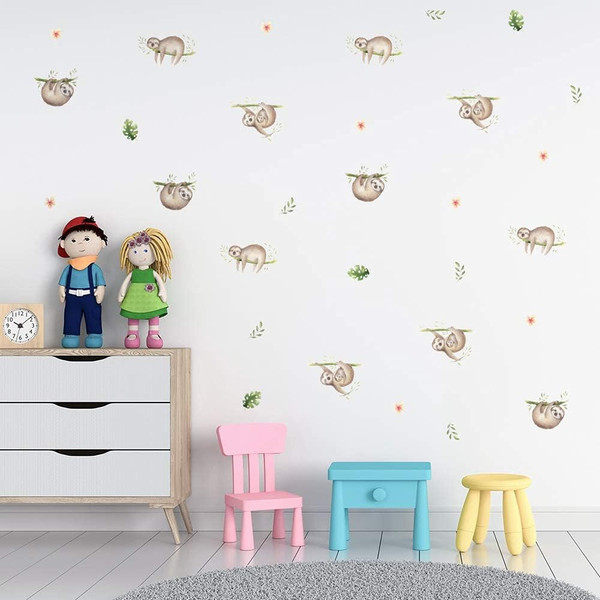 funlife 60 PCS Sloth Wall Decals Peel and Stick, PVC Woodland Animals Wall Stickers, Nursery Wall Décor Stickers for Kid