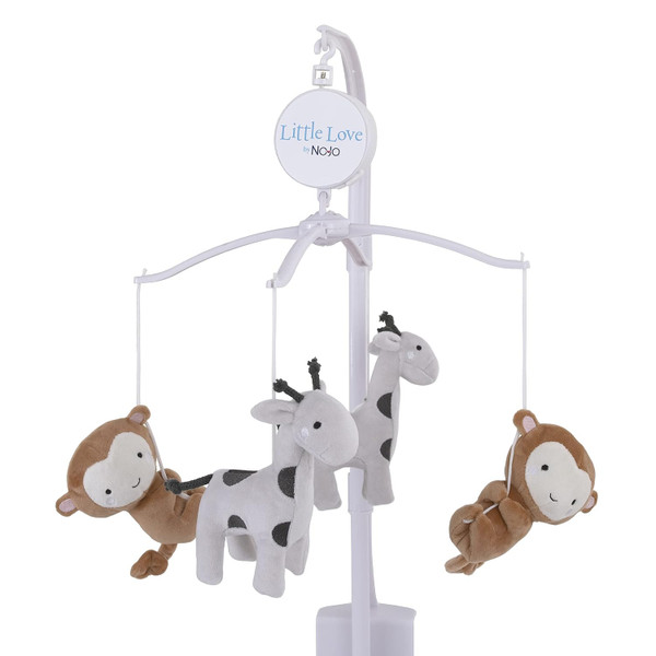 NoJo Jungle Ride Grey & Tan Plush Monkey & Giraffe Musical Mobile, Grey, Tan