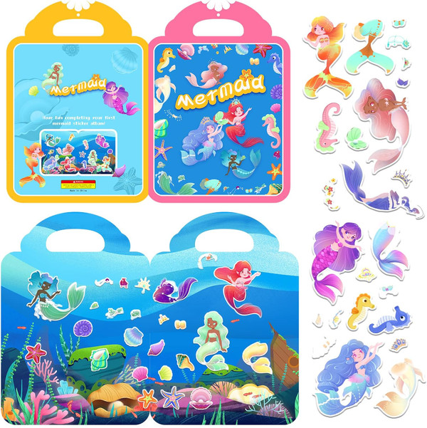 Mermaid 3D Puffy Sticker Activity Books for Gilrs Kids Toddlers 2-4, Reusable Stickers Toys for Girls, Mermaid Window Cl