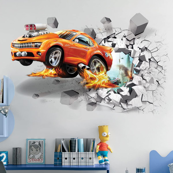 3D Fire Car Wall Sticker Decal Crack Hole fire Car Wall Art Decal Removable Broken Smashed Car Decoration Mural for Boys