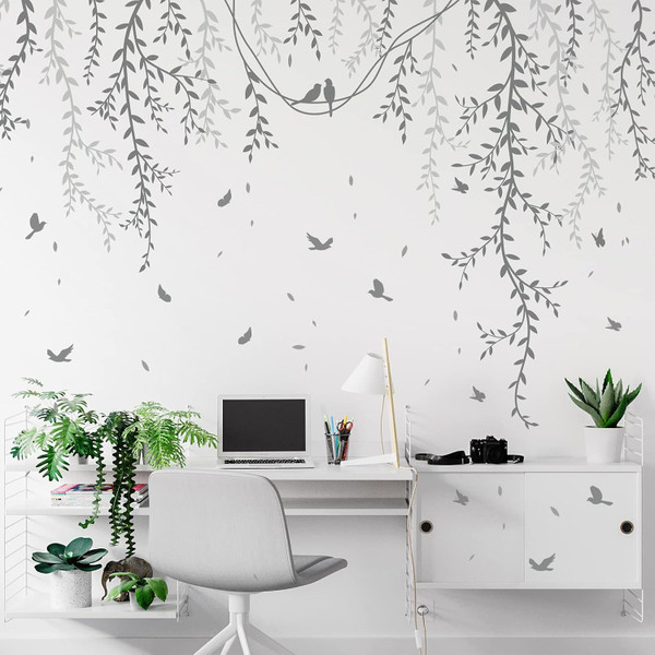 Hanging Willow Branch Wall Stickers DIY Grey Vine Leaf Plant Wall Decals Peel and Stick Grass Birds Butterfly Art Mural