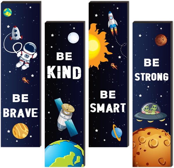 4 Pieces Space Decor Wooden Hanging Wall Plaques, Outer Space Theme Room Wall Art Decor, Boys Bedroom Decor Space Motiva