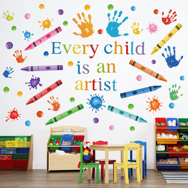 Every Child is an Artist Wall Decals Watercolor Crayon Paint Splatter Wall Decal Handprint Polka Dots Splash Wall Sticke