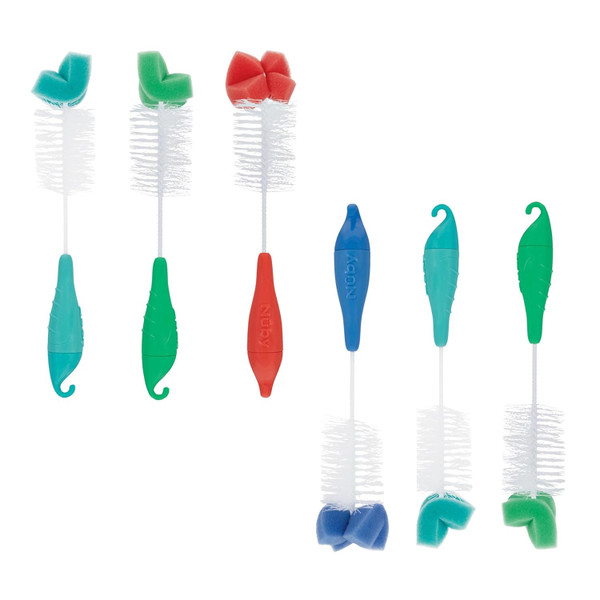 Nuby Bottle and Nipple Brush with Bristles and Sponge Tip | 3 Pack: Aq