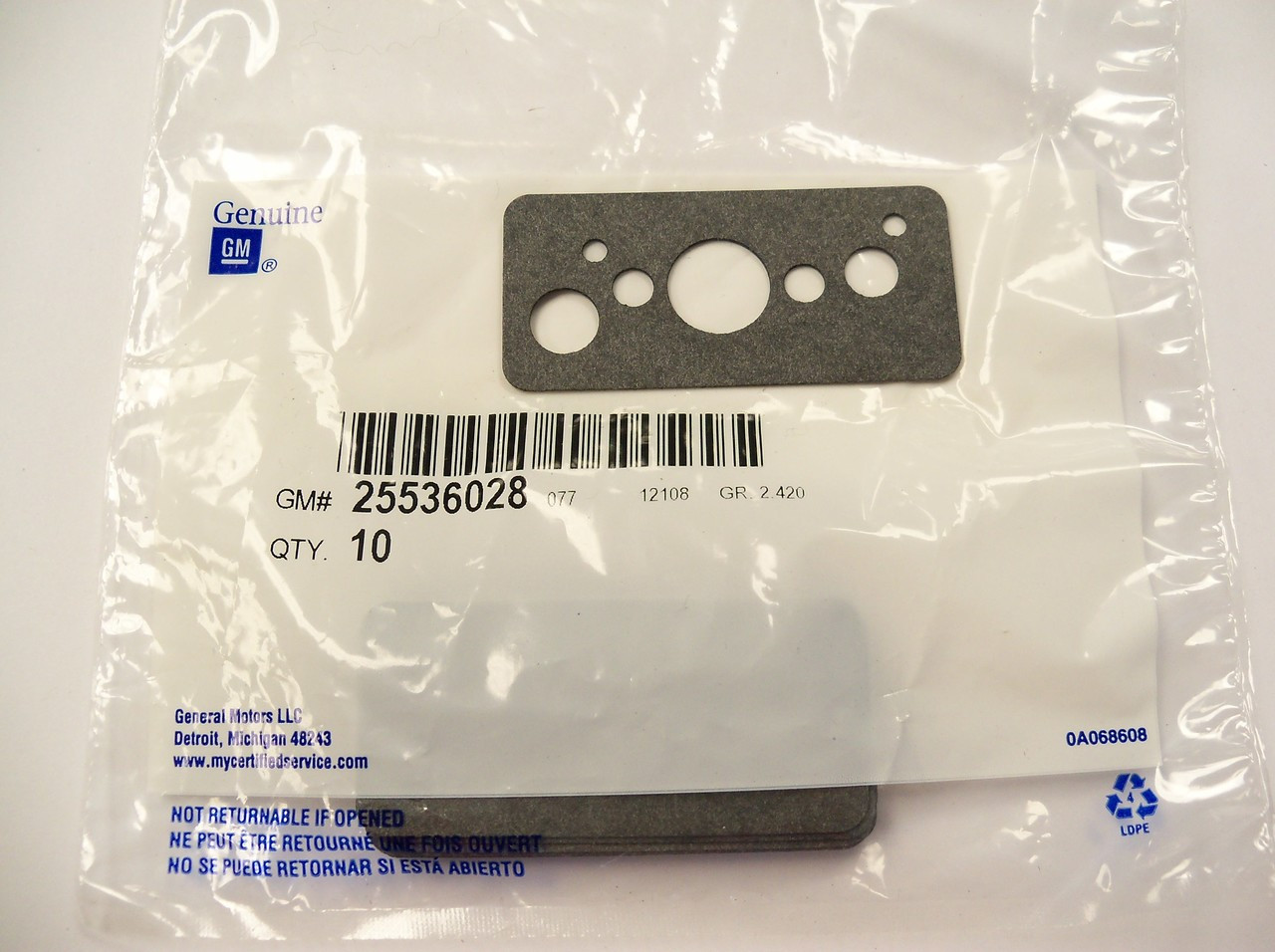 Buick Grand National 25536028 vacuum block gasket in GM packaging