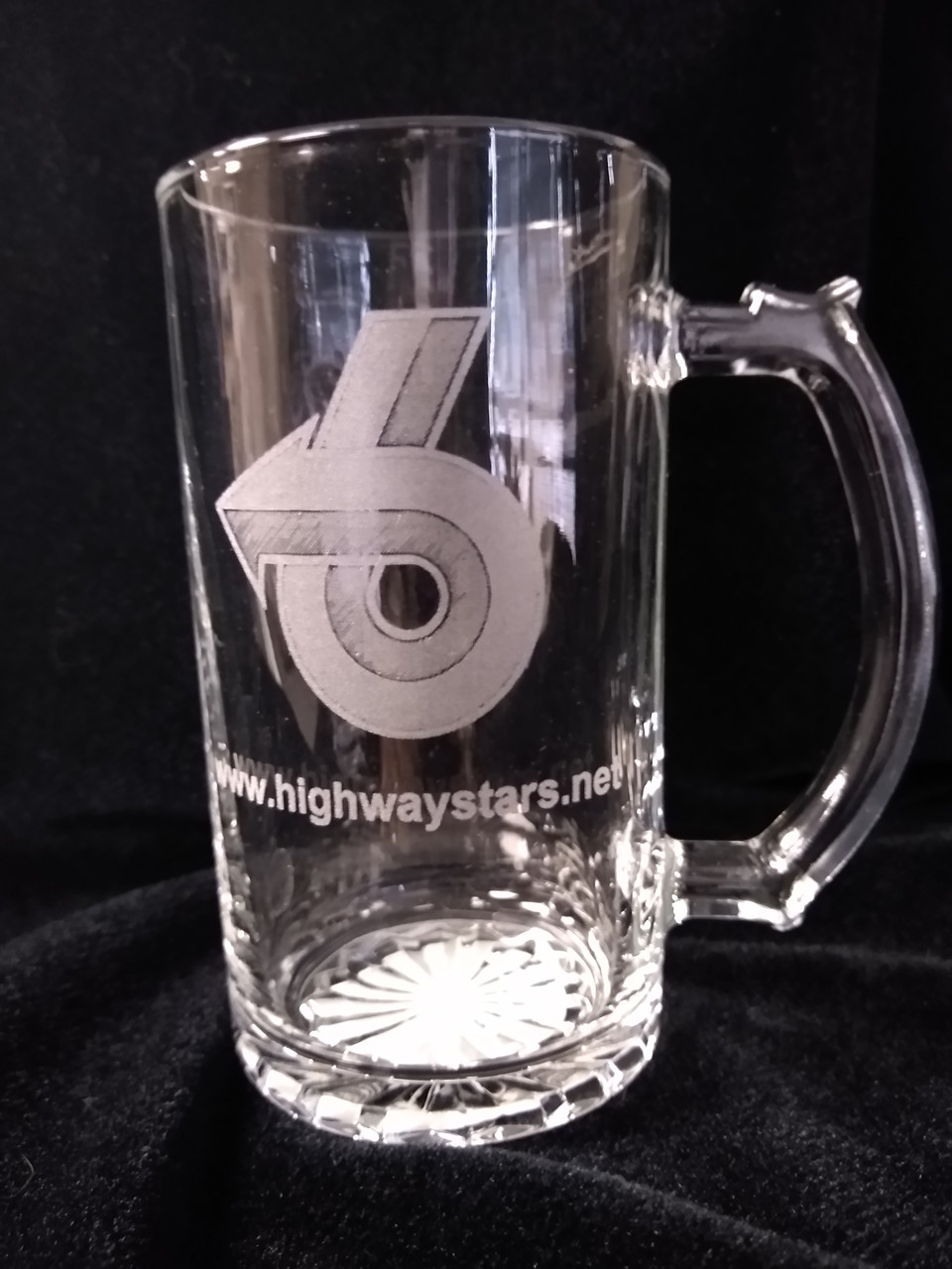 Glass beer mug engraved with turbo 6 logo-Highway Stars 