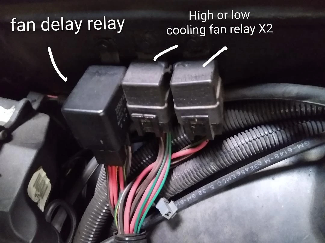 Location of sensors including Fan Delay Relay and High Low cooling fan relay