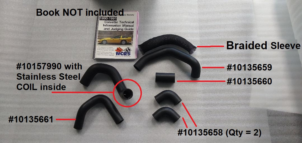 1990-1995 Corvette ZR1 radiator/coolant hose set with stainless coil, & protective sheathing - 7 pc set