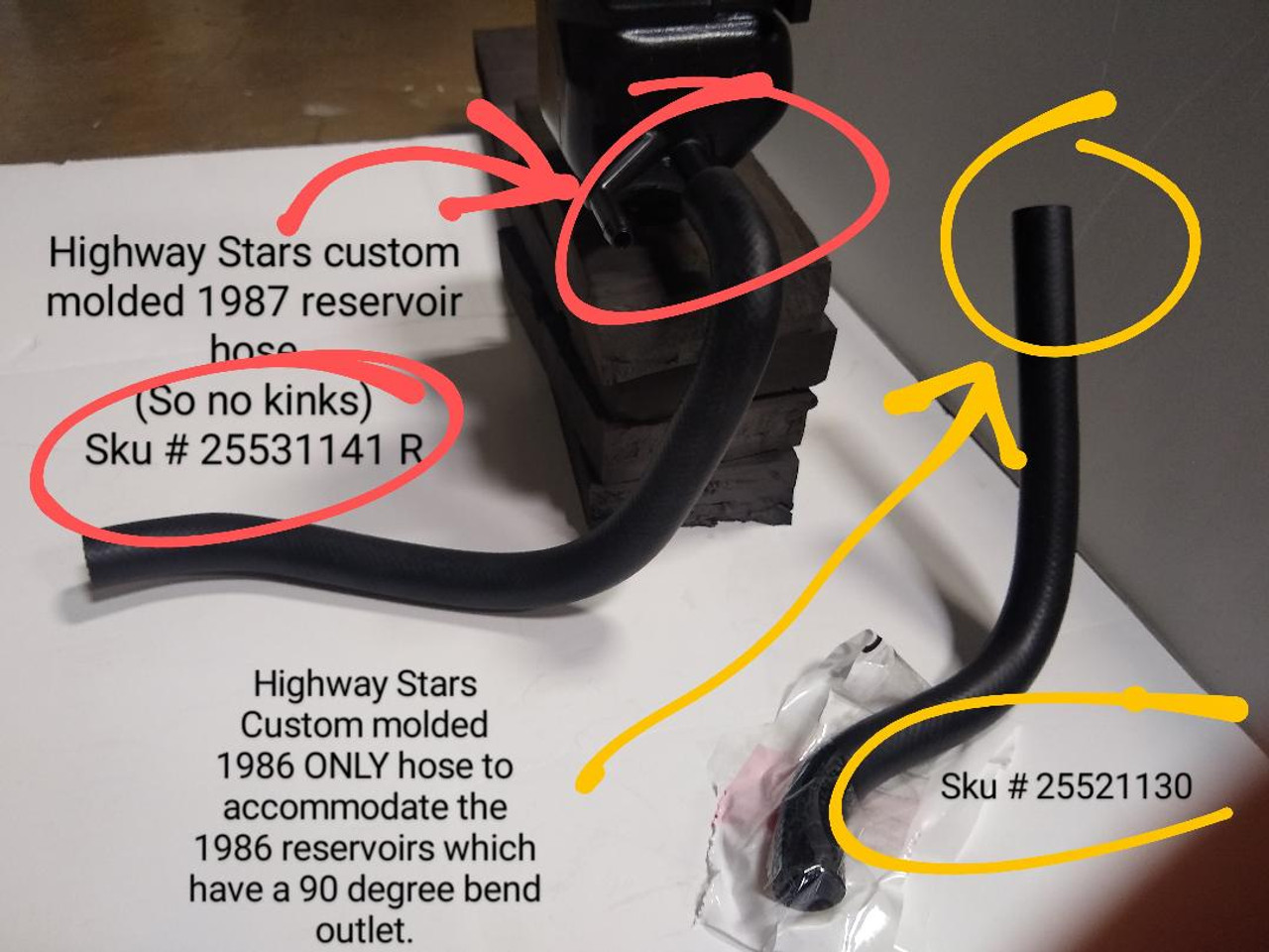 Highway Stars Comparison of 1987 vs 1986 Power Steering Reservoir hoses for Buick Grand Nationals, and Turbo Regals