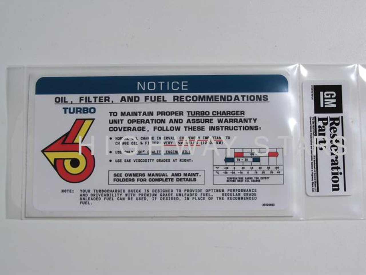 Highway Stars Licensed GM Restoration Visor Oil Recommendation Label for Buick Regal Grand National 1984-1987 replaces GM 25520032