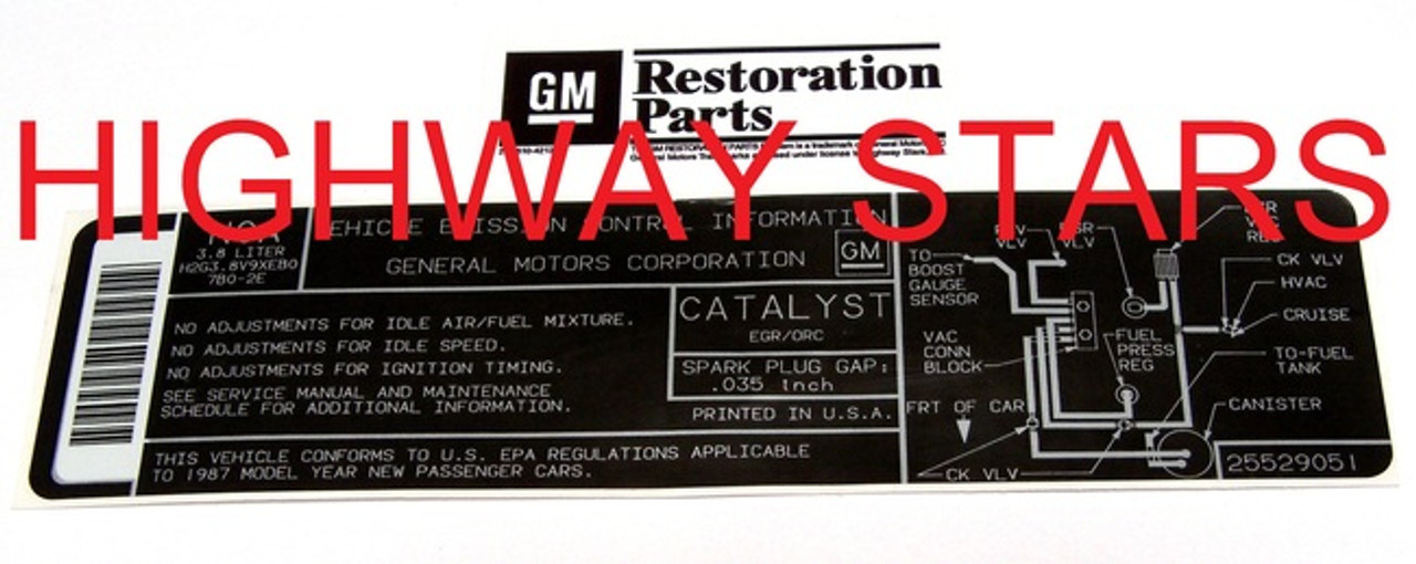 Licensed GM Restoration Emission Label for 1987 Buick Turbo Regal Grand National GNX #25529051 LGM