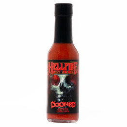 Hellfire Doomed Hot Sauce has a demon sleeping inside this bottle spiked with 6.66 MILLION SHU PEPPER EXTRACT, Trinidad Scorpions, and Red Habaneros.