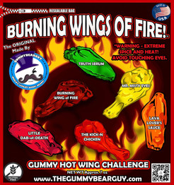 Front of the bag of the Gummy Bear Guy Burning Wings of Fire Spicy Gummy Challenge