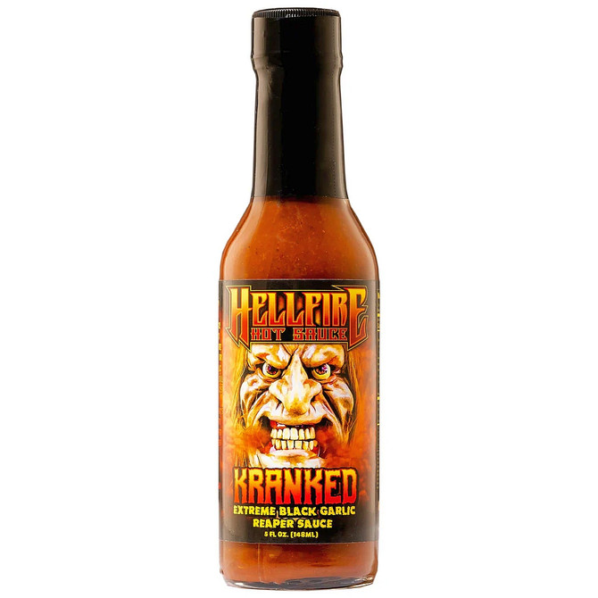 Bottle of Hellfire Kranked Black Garlic Hot Sauce