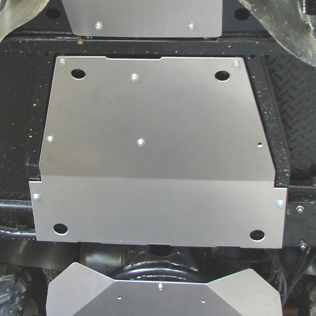 Center Skid Plate - installed, viewed from below