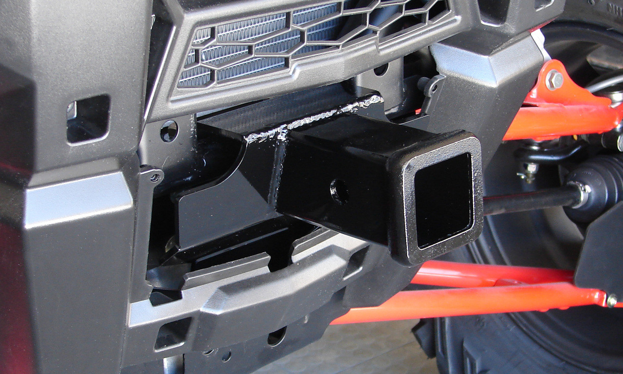 Front Hitch, Installed (older PZ2507 hitch shown to illustrate the hitch installed on the RZR, actual PZ2508 hitch shown in studio photo)