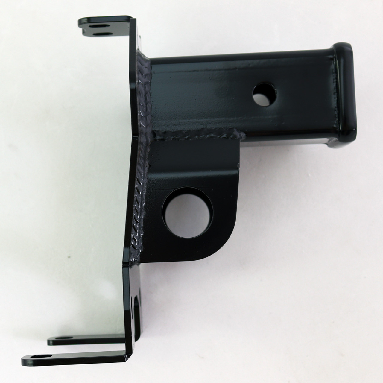 PZ2969, Rear Receiver Hitch, viewed from side, shows top & bottom frame-mount tabs that create double-shear mounting and formed plate that matches contour of RZR frame