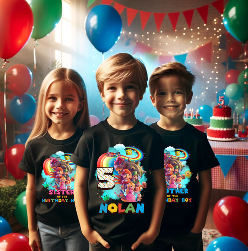 Super Mario Bros Group Birthday Party Personalized Custom Family Black Shirt Pack