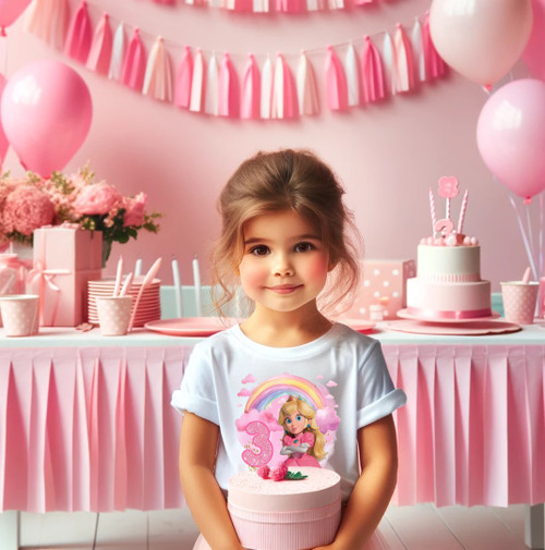 Super Mario Bros Princess Peach Birthday Party Personalized Custom White T Shirt or Onesie