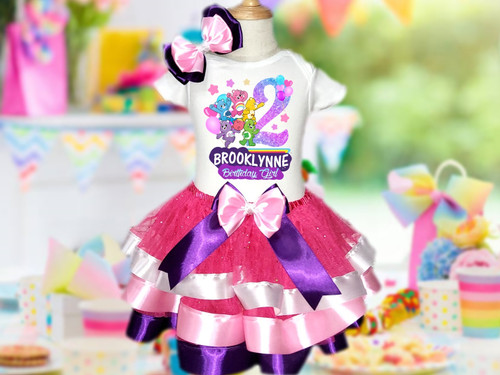 Care Bears Unlock the Magic Birthday Party Personalized Custom Purple Pink White Ribbon Trim Tutu Outfit Dress 3 Piece Set